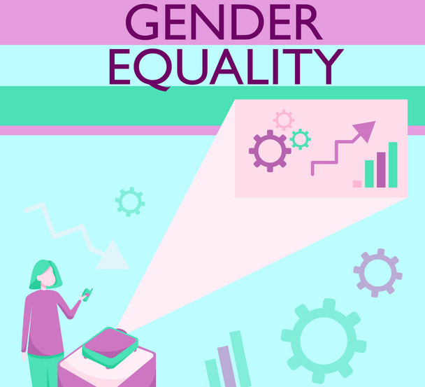 Writing displaying text Gender Equality. Business overview access to same privilege given to both men and women Lady Standing Holding Projector Remote Control Presenting Graph Growth. - Foto, immagini