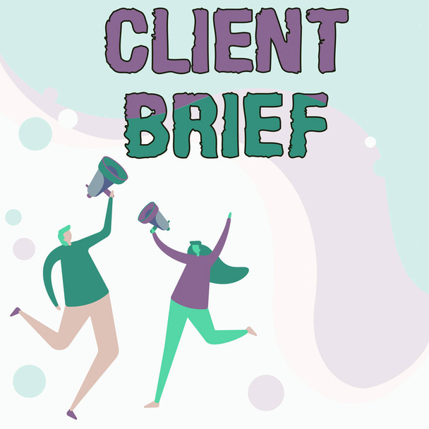 Conceptual caption Client Brief. Word Written on the document granted by clients which contain business details Illustration Of Partners Jumping Around Sharing Thoughts Through Megaphone. - Фото, изображение