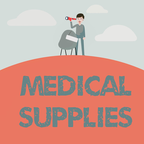 Handwriting text Medical Supplies. Business concept Items necessary for treatment of illness or injury Man Binoculars Illustration Standing Chair With Sign Looking Opportunities. - Foto, immagini