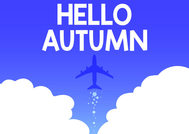 コンセプトキャプションこんにちは秋。コンセプトは、天気が寒くなり始め、木が葉を流すことを意味します飛行機のイラスト空にまっすぐに立ち上がる. - 写真・画像