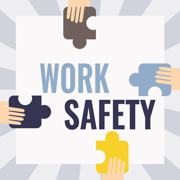 Handwriting text Work Safety. Conceptual photo preventive measures applied by firms to protect workers health Illustration Of Hands Holding Puzzle Pieces Each Sides Of Box. - Photo, Image