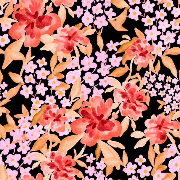 春の花の花束と水彩シームレスパターン。ヴィンテージ植物イラスト。どんなデザインにもエレガントな装飾。カラフルな抽象的な花とファッションプリント。水彩の質感. - 写真・画像