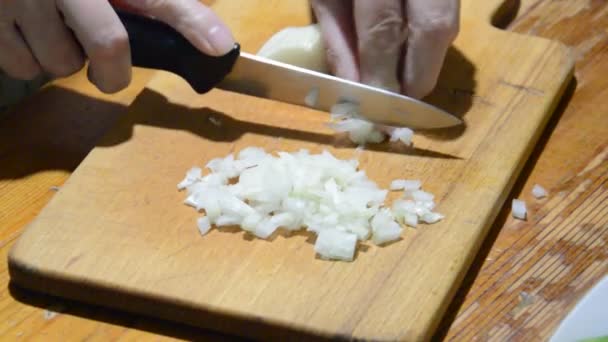 Slicing onions with a knife on a kitchen board - Felvétel, videó