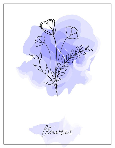 Contour flowers and leaves on a blue watercolor background - Вектор, зображення