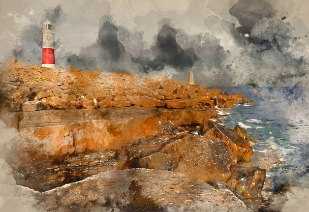 La peinture à l'aquarelle numérique du vieux phare est baignée de lumière du soleil pendant un beau coucher de soleil en été - Photo, image