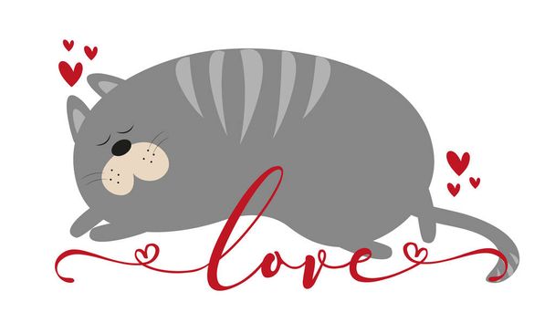 Любовь - симпатичная мультяшная кошка с сердцем. Хороший для открыток, печати футболок, плаката, этикетки и других подарков. - Вектор,изображение