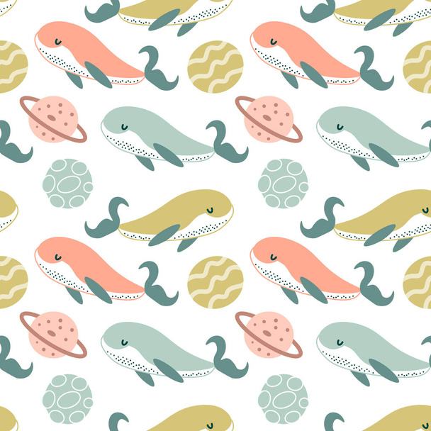 Seamless pattern, print of doodles, drawn cute whales and space planets on a white background. Textiles, wallpaper, cover, decor for kids bedroom - ベクター画像