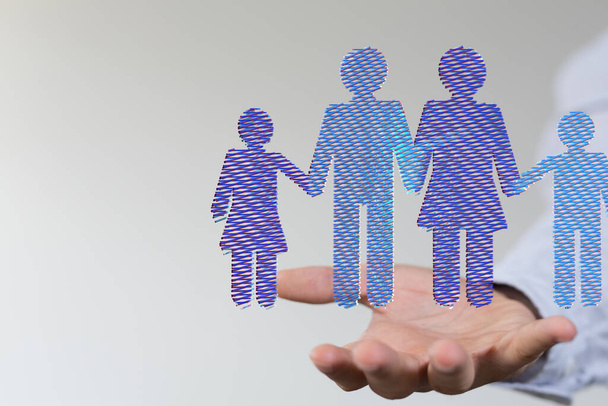 An abstract shot of male hands displaying 3D rendered family icons,children protection and care - Photo, image