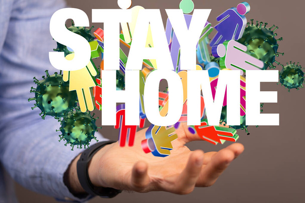 A 3D rendering of a group of virus cells and "stey home" text on a man's hand - 写真・画像