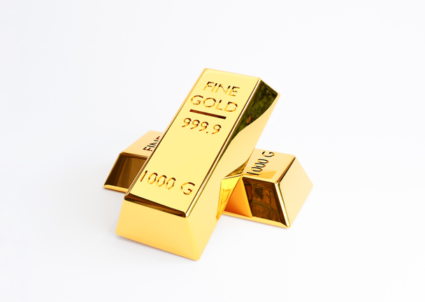 Isoliert von Goldbarren auf weißem Hintergrund für die Wirtschaft Finanzkonzept durch 3D-Render, Gold ist ein stabiler Vermögenswert und die Regierung bietet es als Garantie beim Druck von Banknoten. - Foto, Bild