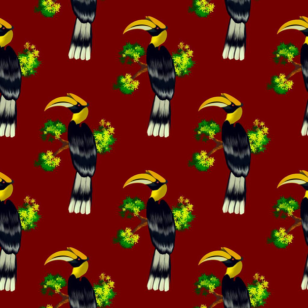 Dark Tropical forest Colorful Toucan, exotic birds, tropical flowers, palm leaves, jungle leaf, wild flower seamless vector floral pattern background on black - Photo, Image