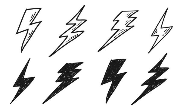 Jeu de foudre électrique, boulon de tonnerre dans le style doodle. isolé sur fond blanc. illustration vectorielle - Vecteur, image