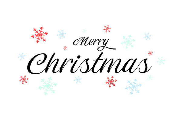 An illustration with the text Merry Christmas on a white background with red and blue snowflakes - Photo, Image