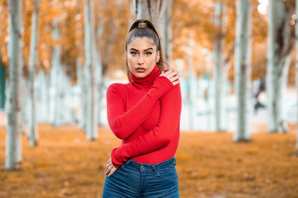 portrait of beautiful young woman in red sweater posing  - Fotoğraf, Görsel