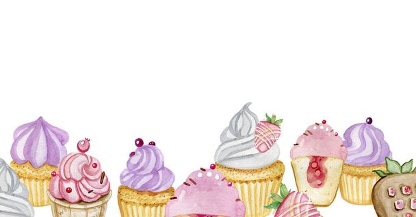 Watercolor food illustration sweets cakes muffins horizontal banner - Фото, изображение