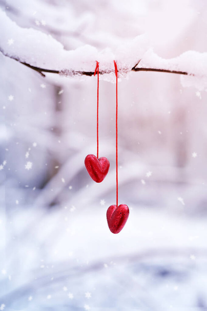Corações vermelhos no ramo de árvore nevado no inverno. Férias. Feliz Dia dos Namorados. Conceito de amor cardíaco
. - Foto, Imagem