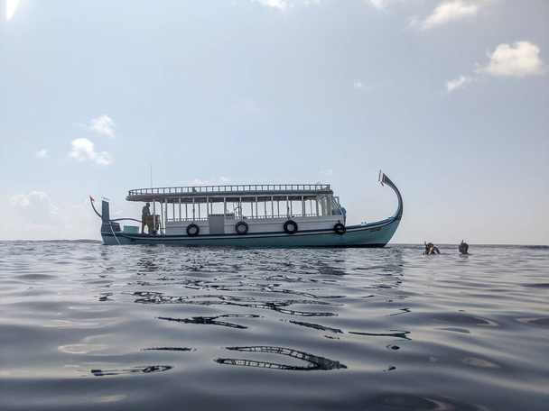Maldivas acelerar el transporte en barco, tiburón ballena y manta snorkel y captura, atolón vida marina - Foto, imagen