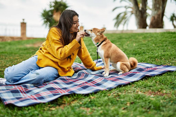 Kaunis nuori nainen kouluttaa shiba inu koira puistossa - Valokuva, kuva