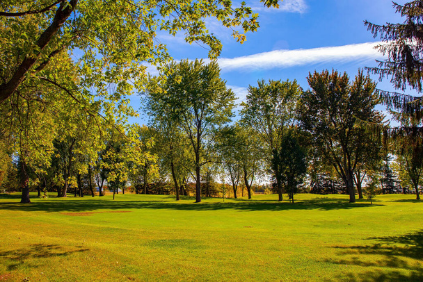 Zielone trawniki, drzewa z zielonymi, żółtymi, pomarańczowymi i żółtymi liśćmi. Kanada, prowincja Quebec. Droga z Montrealu do Bromont. Piękny jasny jesienny krajobraz.  - Zdjęcie, obraz