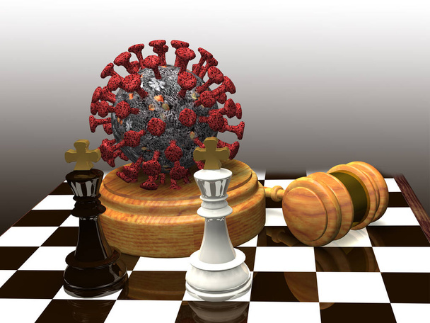 チェス盤、正義のハンマー、王のチェスの駒、そしてCovid-19コロナウイルスのモデル。伝染病の前の団結の象徴. - 写真・画像
