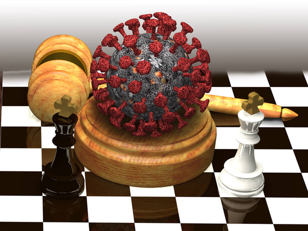 Μια σκακιέρα, ένα σφυρί δικαιοσύνης, ένα σκάκι βασιλιάδων και ένα μοντέλο του Covid-19 coronavirus. Ένα σύμβολο ενότητας πριν από την επιδημία. - Φωτογραφία, εικόνα