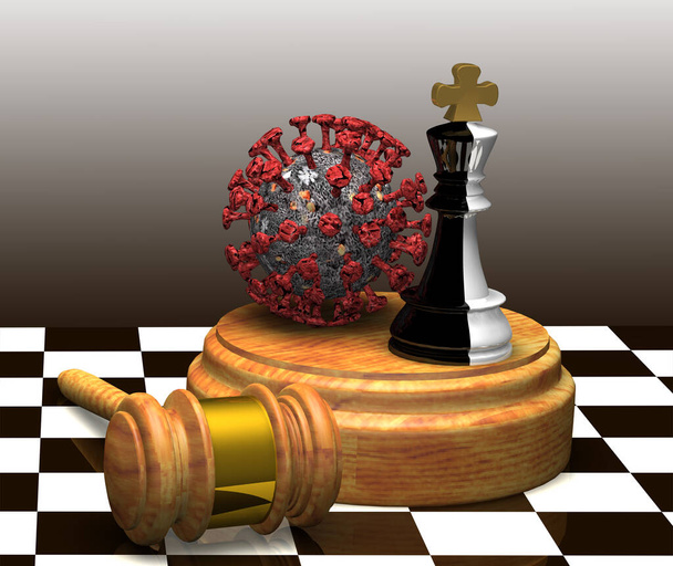 Μια σκακιέρα, ένα σφυρί της δικαιοσύνης, ένα μαύρο και άσπρο σκάκι κομμάτι του βασιλιά και ένα μοντέλο του Covid-19 coronavirus. Ένα σύμβολο προδοσίας.. - Φωτογραφία, εικόνα