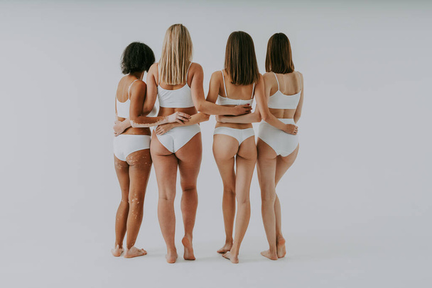 Portrait of multicultural group of women with diverse bodies celebrating self love and self acceptance, rear wiew - Beauty shot of multiethnic models, concepts about people, body postive, body acceptance and diversity - Photo, Image