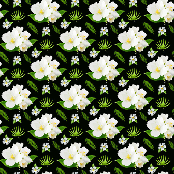 Jasmine Flower & leaf on black background Seamless Pattern Design - Vektör, Görsel