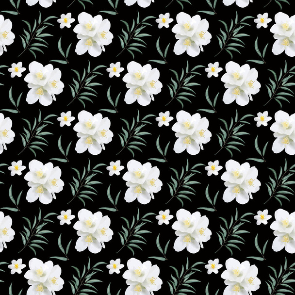 Jasmine Flower & Watercolor leaf Seamless Pattern Design - Vektör, Görsel