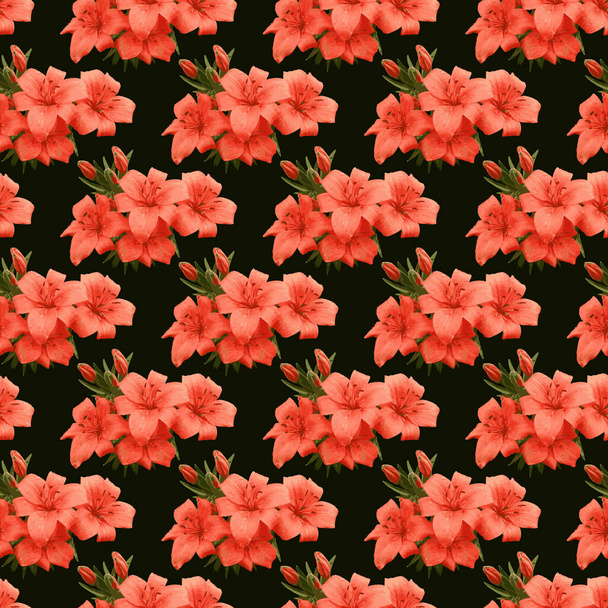 Orange lily flower & buds bouquet on the BlackBackground Seamless Pattern Design - Вектор,изображение