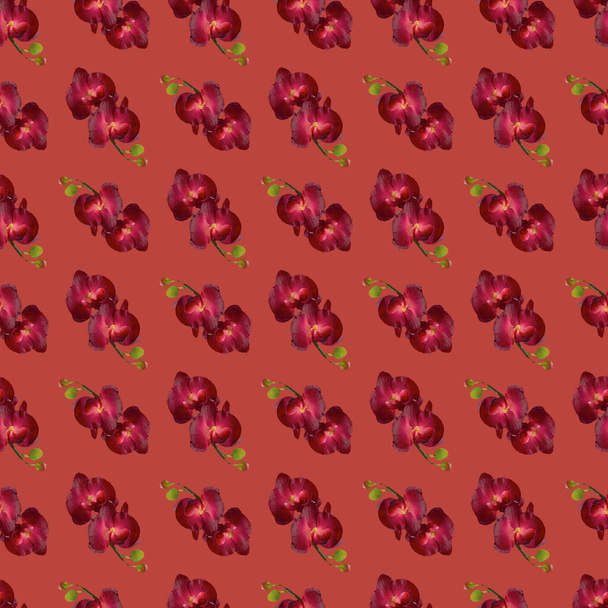 Orchid Flower Seamless Pattern Design with Lite red background - Vector, Image