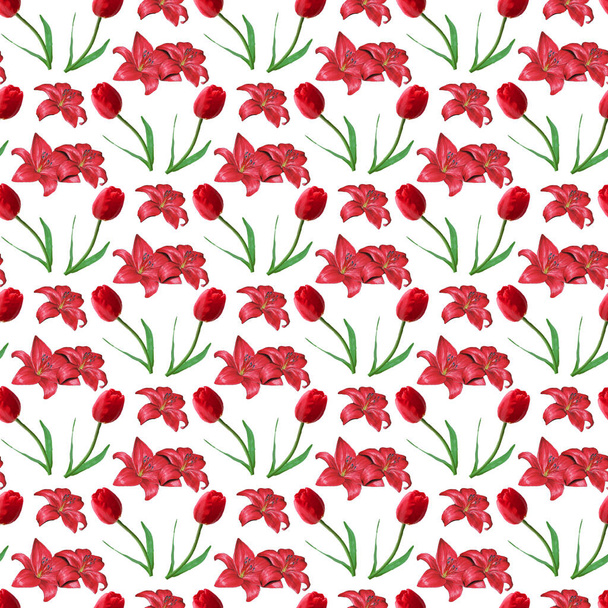 Czerwony lilia kwiat & pąki bezszwowe wzór projekt - Wektor, obraz