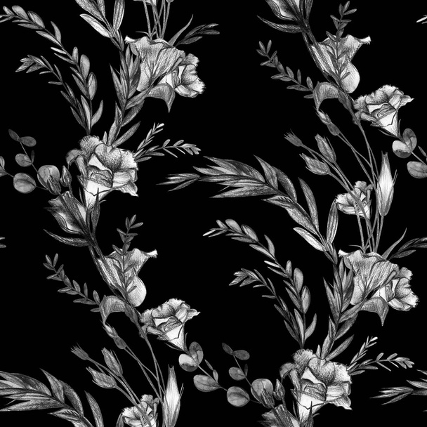 Czarno-biały botaniczny bezszwowy wzór z eustoma kwiatami narysowanymi ołówkiem na czarnym tle - Zdjęcie, obraz