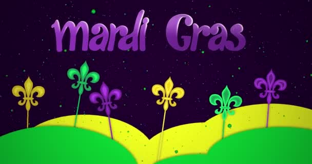 Μάρντι Γκρα Χοντρή Τρίτη. Κινούμενο όμορφο κίτρινο πράσινο μοβ λουλούδι-de-Lis κρίνους σύμβολο, πτώση κομφετί σε σκούρο φόντο. Βενετικό καρναβάλι Mardi Gras απρόσκοπτη looped μοτίβο. 4k γραφική κίνηση - Πλάνα, βίντεο