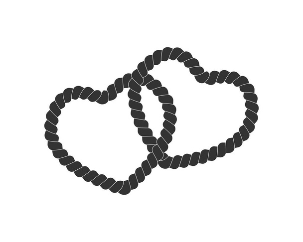 Two intertwined heart shaped ropes. Black cord isolated on white background. Valentine day design element in vintage nautical style. Vector graphic - Vector, Imagen