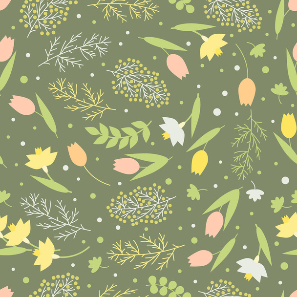 Seamless pattern. Flower spring background. Green branches and leaves, narcissus, snowdrop, mimosa and tulips on a green background, vector illustration. - Vektor, kép