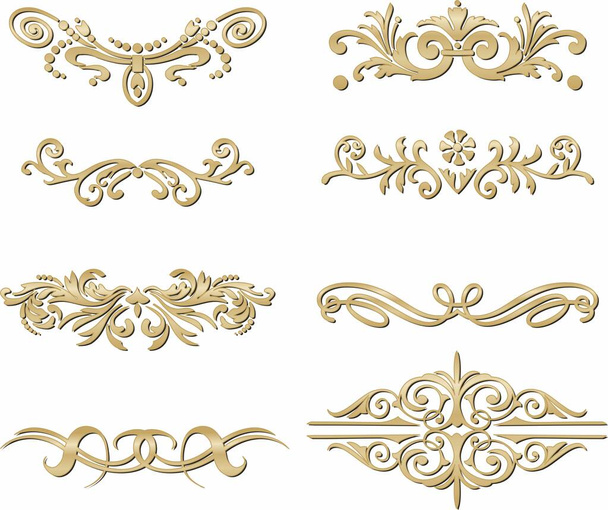 Conjunto vectorial de monogramas de oro, adornos heráldicos. Divisores de texto de diseño. Patrones de líneas. Letra frontera - Vector, Imagen