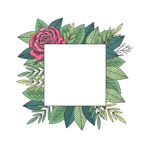 Red rose and green leaves frame isolated. Hand drawn floral decorative frame. Forest romantic natural style. Vector illustration. - ベクター画像