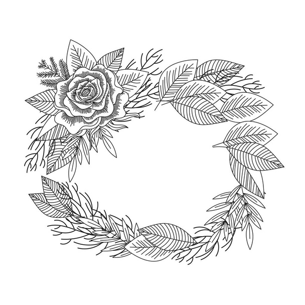 Black and white rose and leaves wreath isolated. Hand drawn vintage floral decorative frame. Forest romantic natural style. Vector illustration. - Vector, imagen