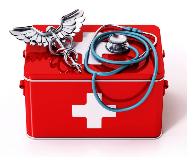 Medicine box, caduceus and stethoscope isolated on white background. 3D illustration. - Zdjęcie, obraz
