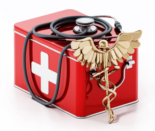 Medicine box, caduceus and stethoscope isolated on white background. 3D illustration. - Foto, imagen