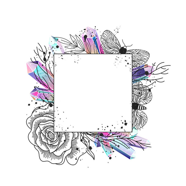 Frame with branches, moths, rose flower and crystals. Black and white floral elements, butterflies, and multicolored gradient gems. Ink black splashes. Vector illustration. - ベクター画像