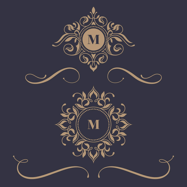 Floral monograms and borders  for cards, invitations, menus, labels. Graphic design pages, business sign, boutiques, cafes, hotels. Classic design elements for wedding invitations.  - Vector, afbeelding