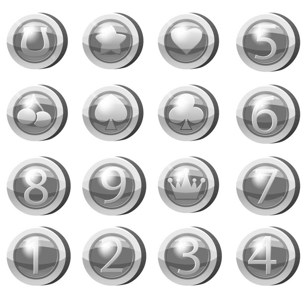 Conjunto de monedas de plata para aplicaciones de juego. Iconos de plata estrella, corazón, números símbolos juego de interfaz de usuario, juegos de azar. Ilustración vectorial - Vector, Imagen