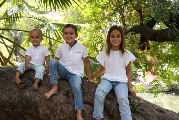 Портрет троих маленьких детей, установленных на стволе дерева в парке. Они одеты в белые футболки и джинсы. Старшая сестра транссексуалка. Концепция единой и счастливой семьи - Фото, изображение