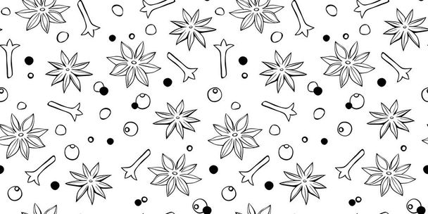 Vector seamless pattern of star anise, carnation, pepper in doodle style. Background or texture of seasonings, food additive, spices - Vector, Image