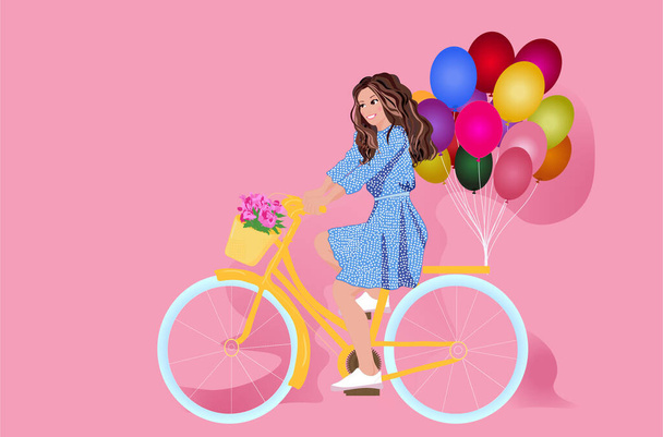 Chica con globos en una bicicleta sobre un fondo rosa - Vector, imagen