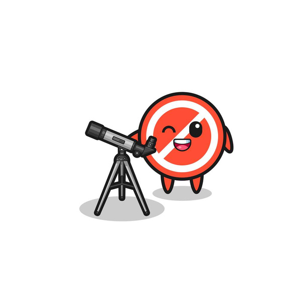 stop sign astronomer mascot with a modern telescope , cute design - Wektor, obraz