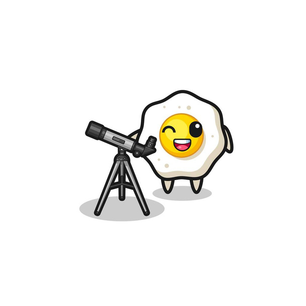 fried egg astronomer mascot with a modern telescope , cute design - Wektor, obraz
