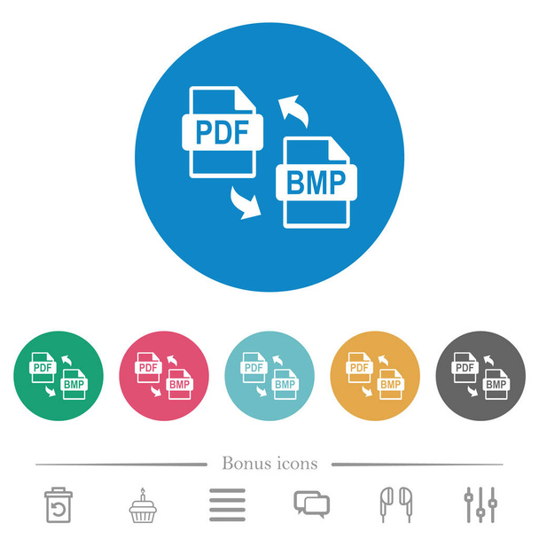 Conversión de archivos BMP PDF iconos blancos planos sobre fondos de color redondos. 6 iconos de bonificación incluidos. - Vector, imagen